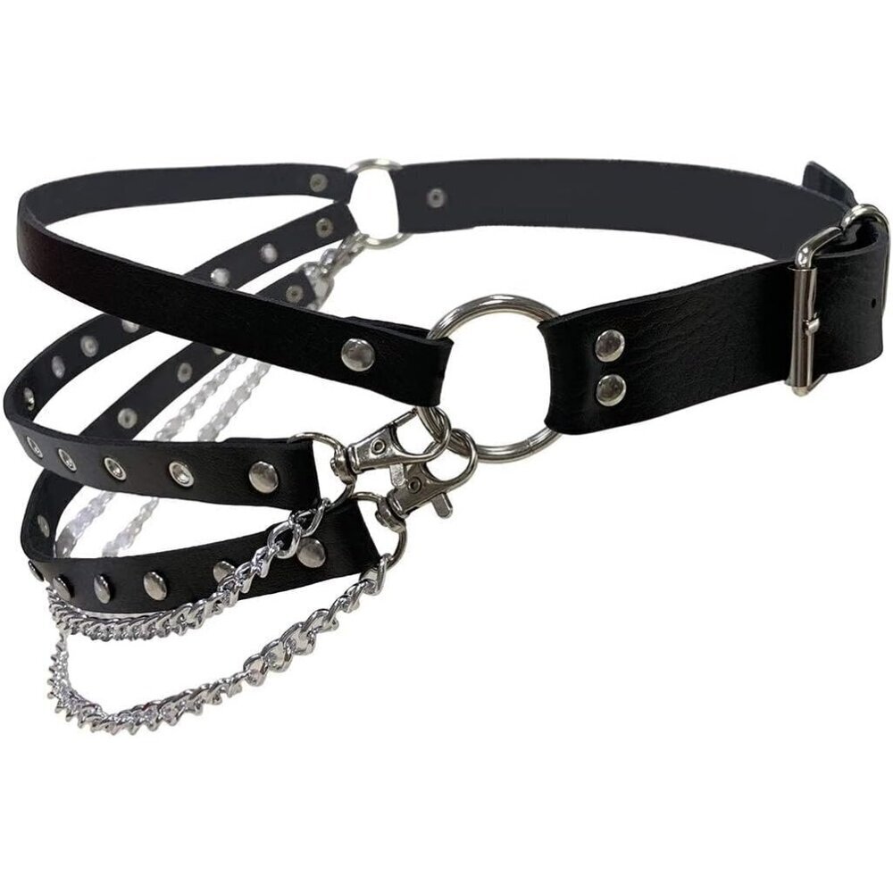 Women Leather Punk Belt O-Rings Chains Gothic Strap Adjustable Waist Accessory